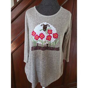 Cactus + Pearl Womens Sheep Flowers Appliqué Top S 3/4 Sleeve Casual Beige Soft